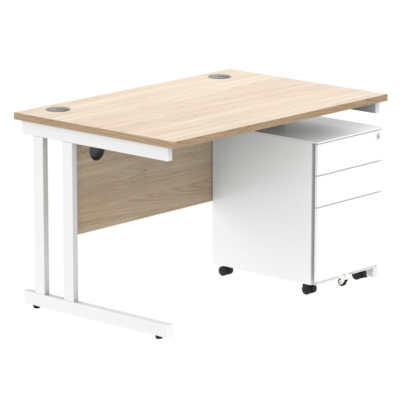 Double Upright Rectangular Desk + Under Desk Steel Pedestal 3 Drawers | 1200X800 | Canadian Oak/White