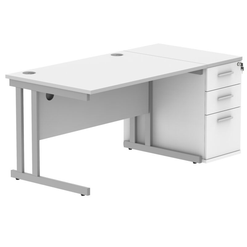 Double Upright Rectangular Desk + Desk High Pedestal | 1200X800 | Arctic White/Silver