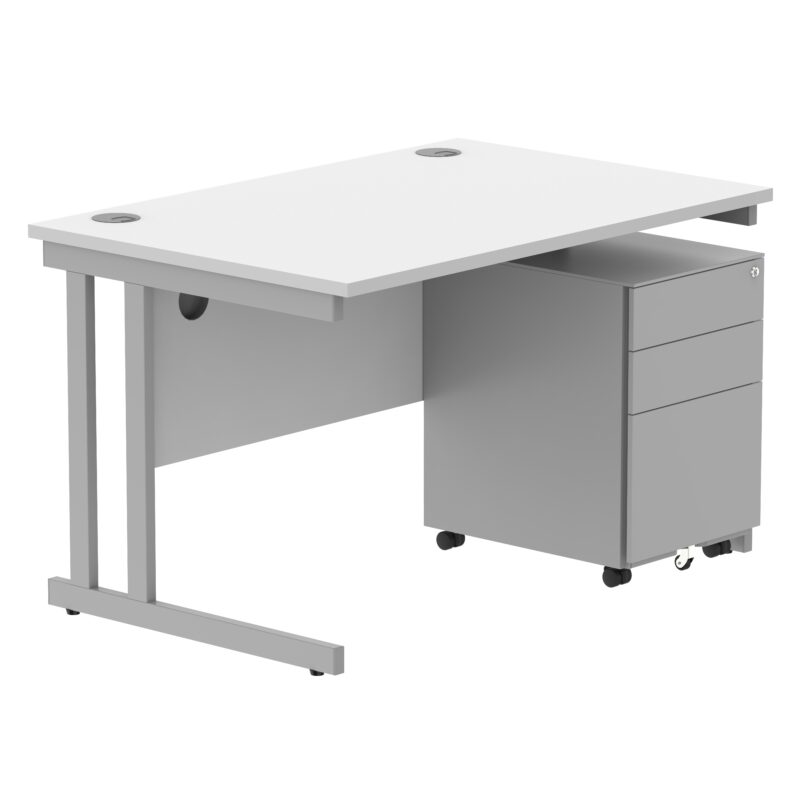 Double Upright Rectangular Desk + Under Desk Steel Pedestal 3 Drawers | 1200X800 | Arctic White/Silver