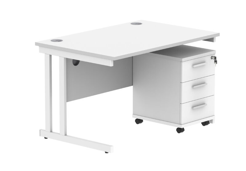 Double Upright Rectangular Desk + 3 Drawer Mobile Under Desk Pedestal | 1200X800 | Arctic White/White