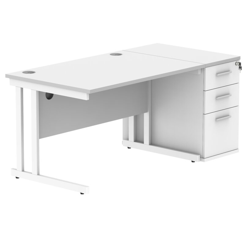 Double Upright Rectangular Desk + Desk High Pedestal | 1200X800 | Arctic White/White