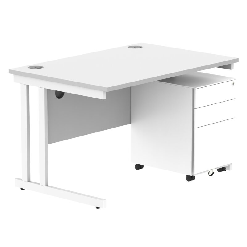 Double Upright Rectangular Desk + Under Desk Steel Pedestal 3 Drawers | 1200X800 | Arctic White/White