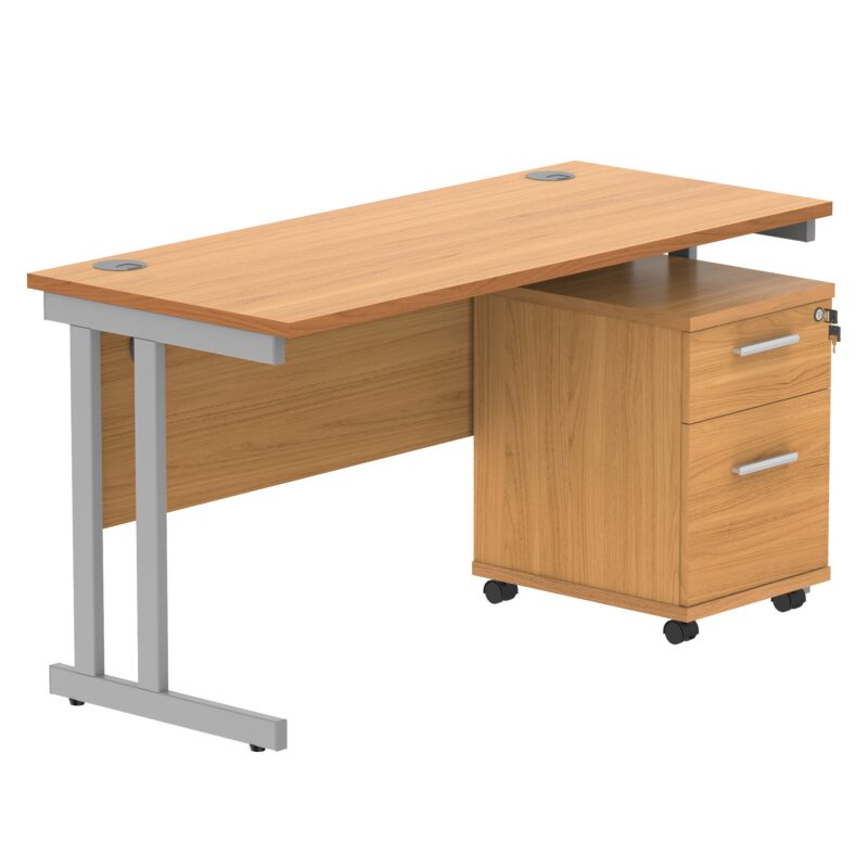 Double Upright Rectangular Desk + 2 Drawer Mobile Under Desk Pedestal | 1400X600 | Norwegian Beech/Silver