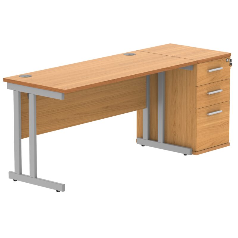 Double Upright Rectangular Desk + Desk High Pedestal | 1400X600 | Norwegian Beech/Silver