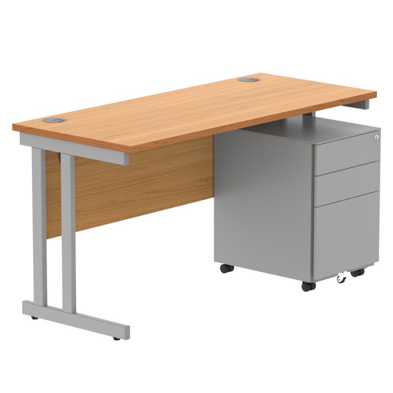 Double Upright Rectangular Desk + Under Desk Steel Pedestal 3 Drawers | 1400X600 | Norwegian Beech/Silver