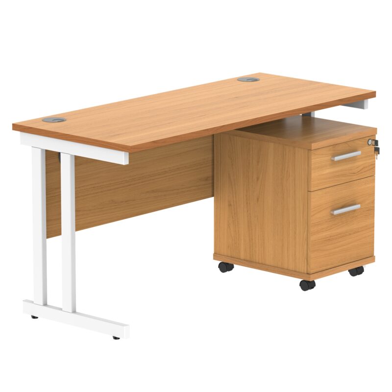 Double Upright Rectangular Desk + 2 Drawer Mobile Under Desk Pedestal | 1400X600 | Norwegian Beech/White