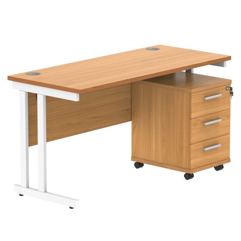 Double Upright Rectangular Desk + 3 Drawer Mobile Under Desk Pedestal | 1400X600 | Norwegian Beech/White