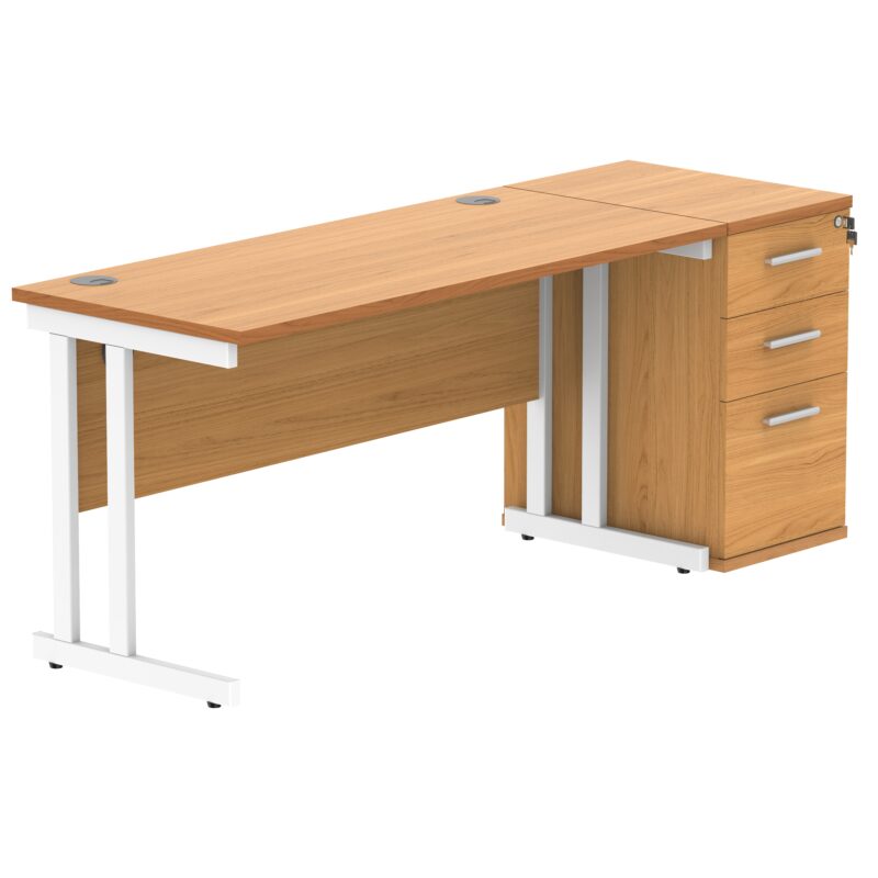 Double Upright Rectangular Desk + Desk High Pedestal | 1400X600 | Norwegian Beech/White