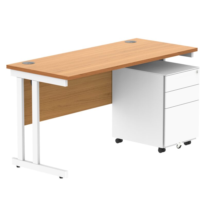 Double Upright Rectangular Desk + Under Desk Steel Pedestal 3 Drawers | 1400X600 | Norwegian Beech/White