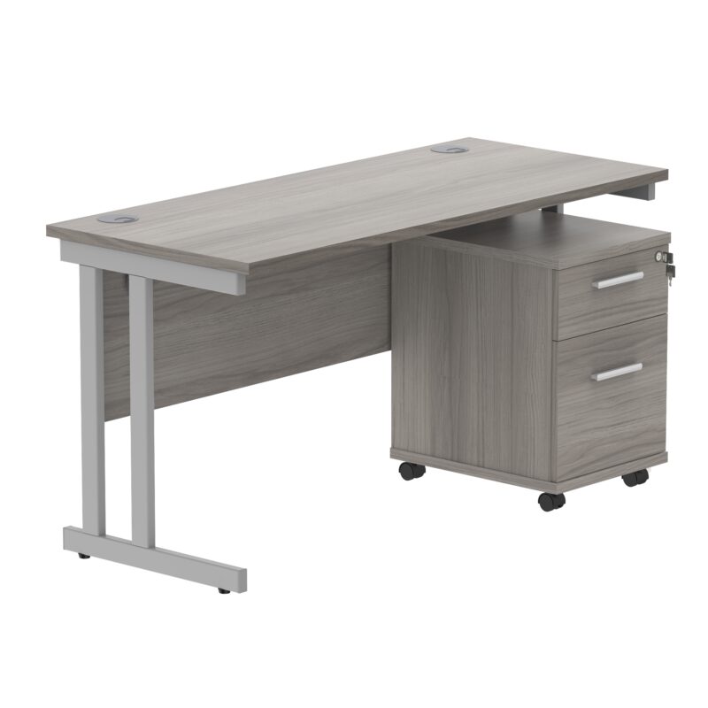 Double Upright Rectangular Desk + 2 Drawer Mobile Under Desk Pedestal | 1400X600 | Alaskan Grey Oak/Silver