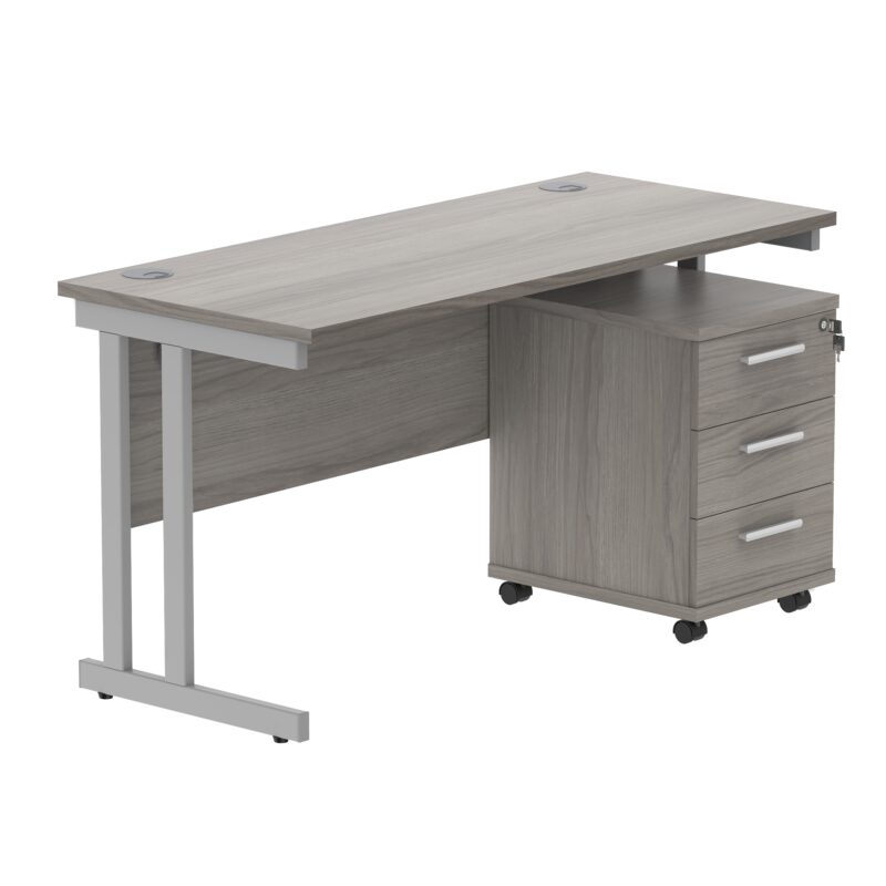 Double Upright Rectangular Desk + 3 Drawer Mobile Under Desk Pedestal | 1400X600 | Alaskan Grey Oak/Silver