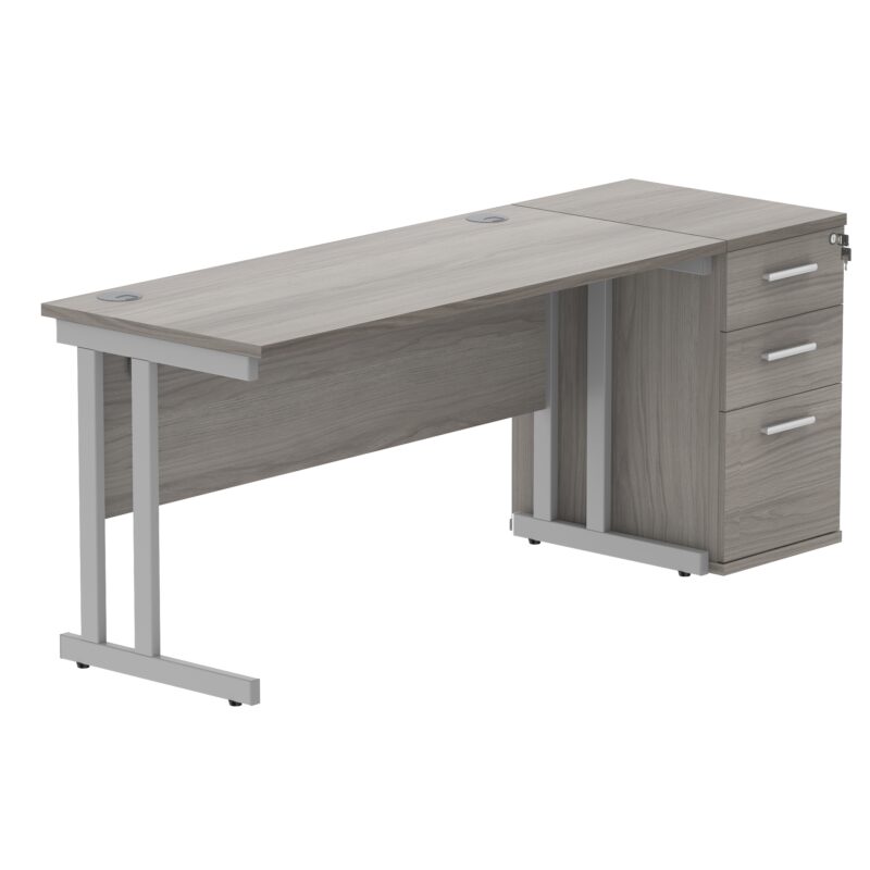 Double Upright Rectangular Desk + Desk High Pedestal | 1400X600 | Alaskan Grey Oak/Silver