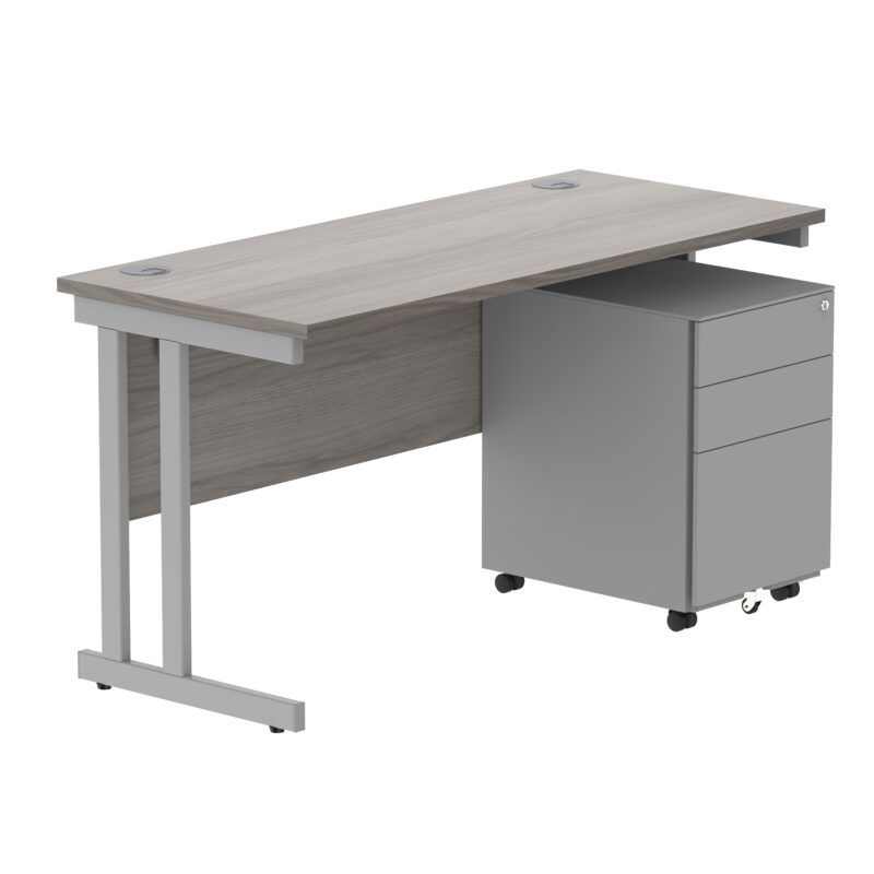 Double Upright Rectangular Desk + Under Desk Steel Pedestal 3 Drawers | 1400X600 | Alaskan Grey Oak/Silver