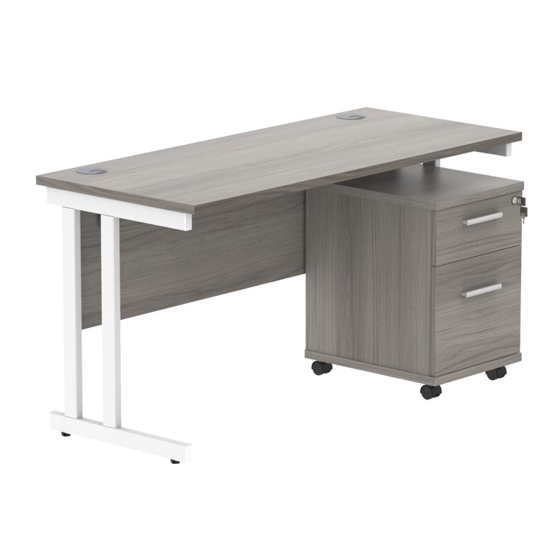 Double Upright Rectangular Desk + 2 Drawer Mobile Under Desk Pedestal | 1400X600 | Alaskan Grey Oak/White