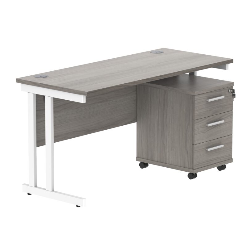 Double Upright Rectangular Desk + 3 Drawer Mobile Under Desk Pedestal | 1400X600 | Alaskan Grey Oak/White