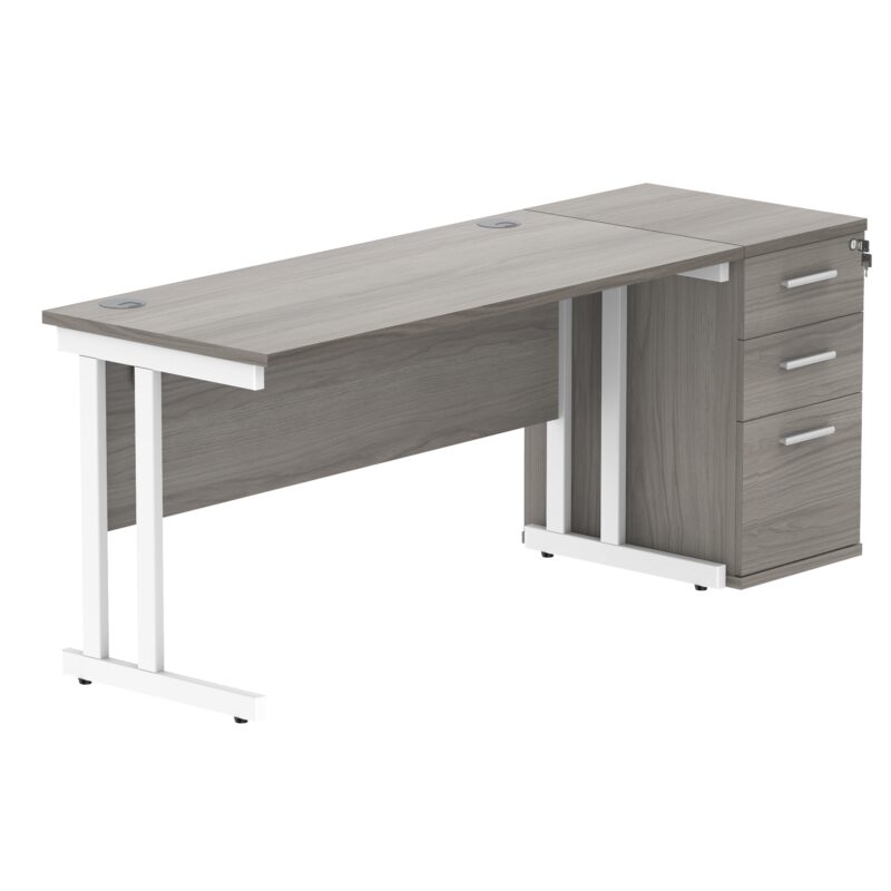 Double Upright Rectangular Desk + Desk High Pedestal | 1400X600 | Alaskan Grey Oak/White