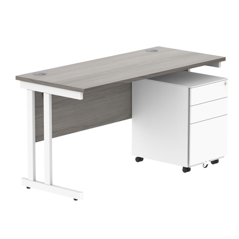 Double Upright Rectangular Desk + Under Desk Steel Pedestal 3 Drawers | 1400X600 | Alaskan Grey Oak/White