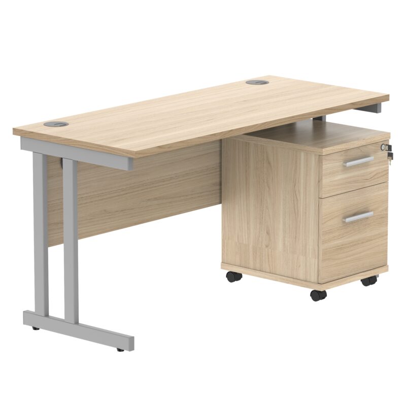 Double Upright Rectangular Desk + 2 Drawer Mobile Under Desk Pedestal | 1400X600 | Canadian Oak/Silver