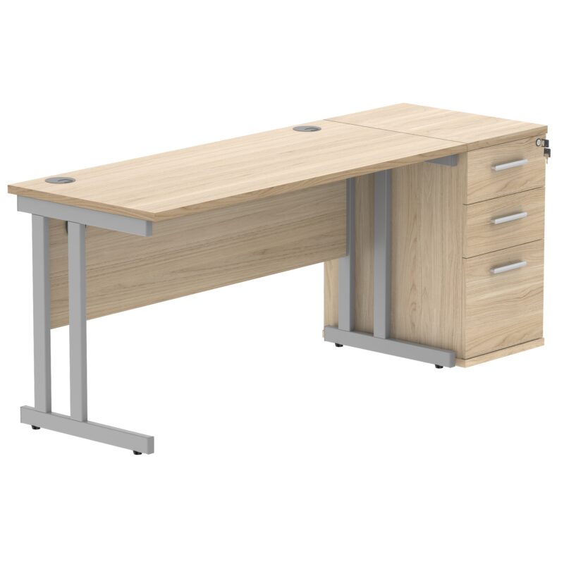 Double Upright Rectangular Desk + Desk High Pedestal | 1400X600 | Canadian Oak/Silver