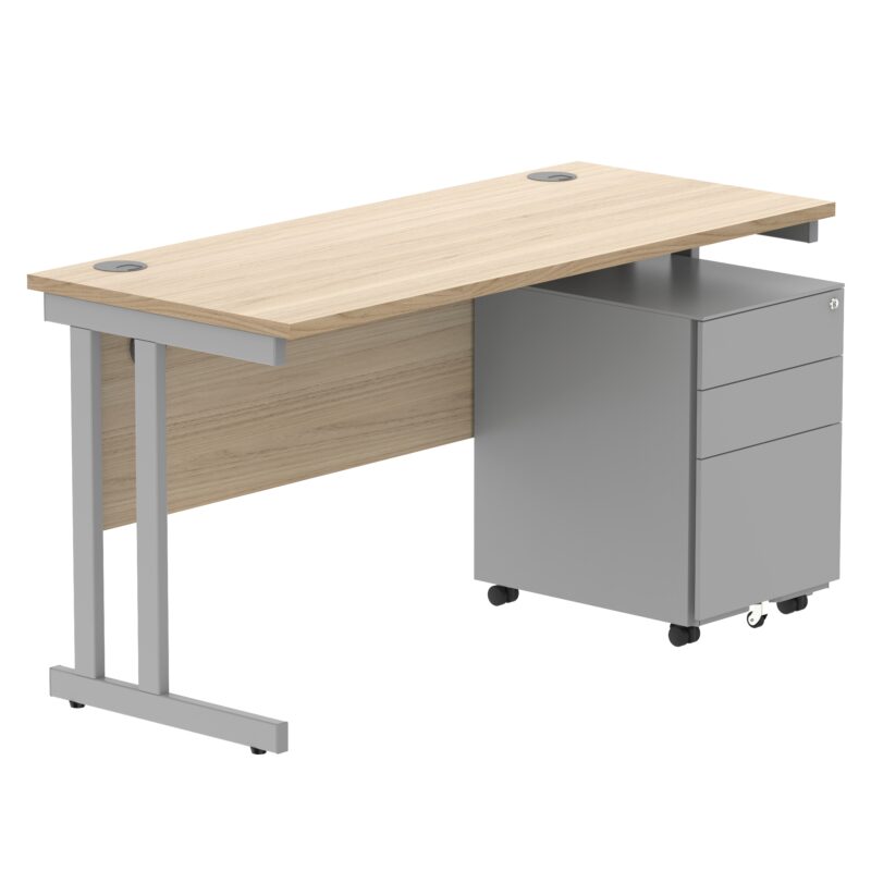 Double Upright Rectangular Desk + Under Desk Steel Pedestal 3 Drawers | 1400X600 | Canadian Oak/Silver