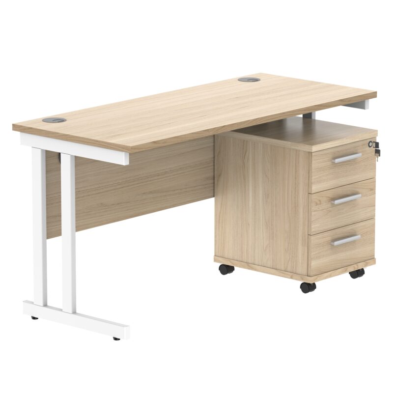 Double Upright Rectangular Desk + 3 Drawer Mobile Under Desk Pedestal | 1400X600 | Canadian Oak/White