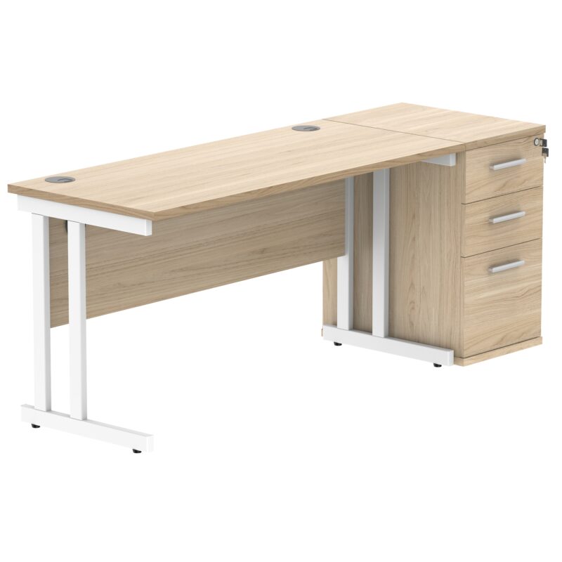 Double Upright Rectangular Desk + Desk High Pedestal | 1400X600 | Canadian Oak/White