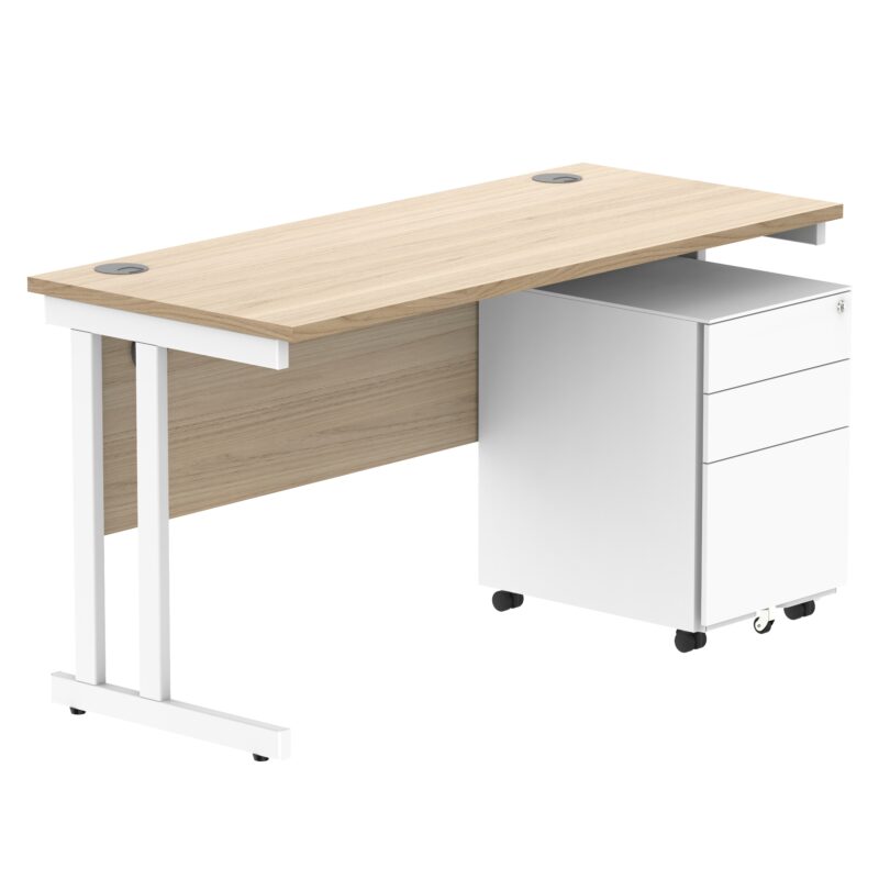 Double Upright Rectangular Desk + Under Desk Steel Pedestal 3 Drawers | 1400X600 | Canadian Oak/White