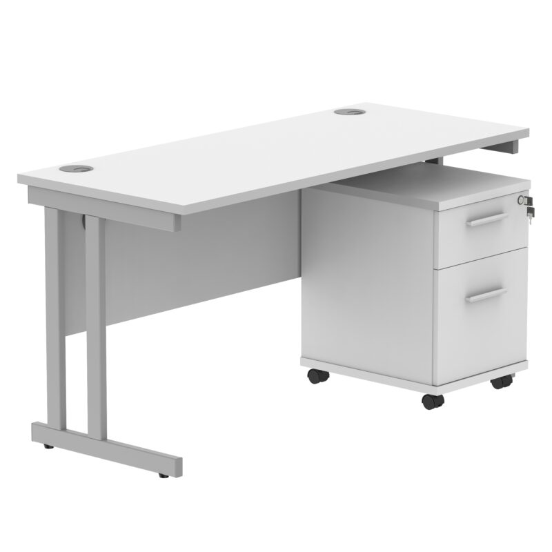 Double Upright Rectangular Desk + 2 Drawer Mobile Under Desk Pedestal | 1400X600 | Arctic White/Silver