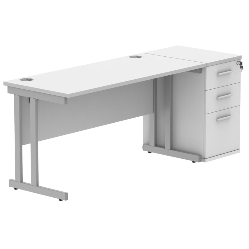 Double Upright Rectangular Desk + 3 Drawer Mobile Under Desk Pedestal | 1400X600 | Arctic White/Silver