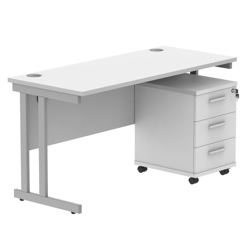 Double Upright Rectangular Desk + Desk High Pedestal | 1400X600 | Arctic White/Silver