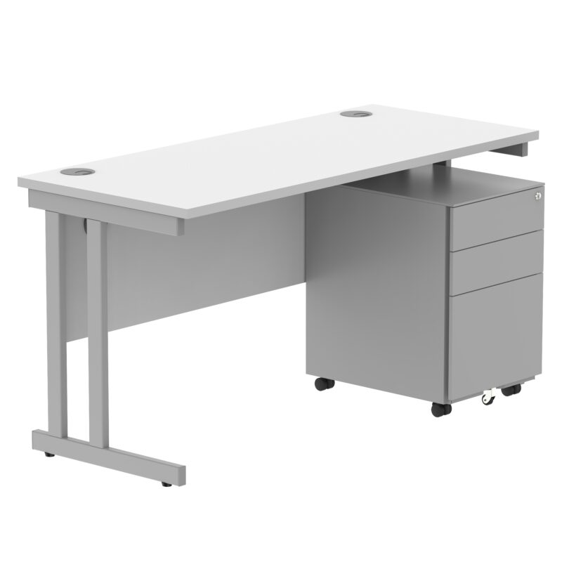 Double Upright Rectangular Desk + Under Desk Steel Pedestal 3 Drawers | 1400X600 | Arctic White/Silver