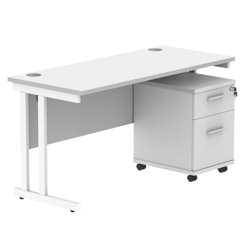 Double Upright Rectangular Desk + 2 Drawer Mobile Under Desk Pedestal | 1400X600 | Arctic White/White