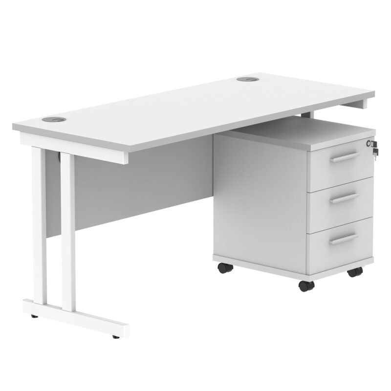 Double Upright Rectangular Desk + 3 Drawer Mobile Under Desk Pedestal | 1400X600 | Arctic White/White