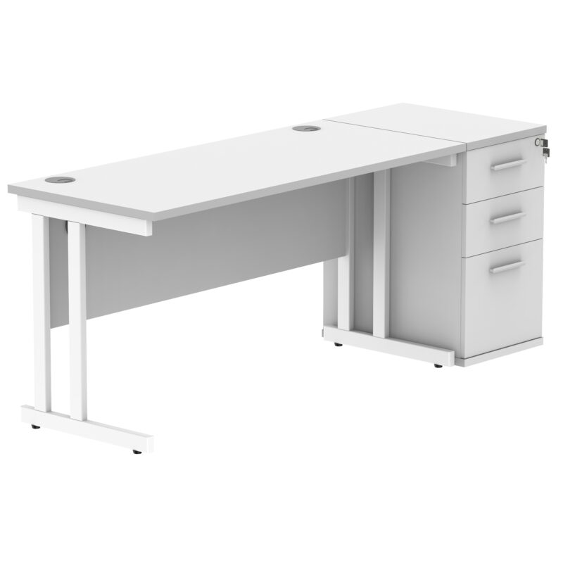 Double Upright Rectangular Desk + Desk High Pedestal | 1400X600 | Arctic White/White