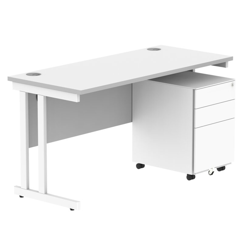 Double Upright Rectangular Desk + Under Desk Steel Pedestal 3 Drawers | 1400X600 | Arctic White/White