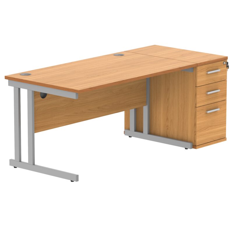 Double Upright Rectangular Desk + Desk High Pedestal | 1400X800 | Norwegian Beech/Silver