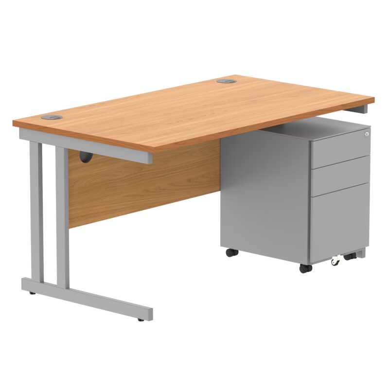 Double Upright Rectangular Desk + Under Desk Steel Pedestal 3 Drawers | 1400X800 | Norwegian Beech/Silver