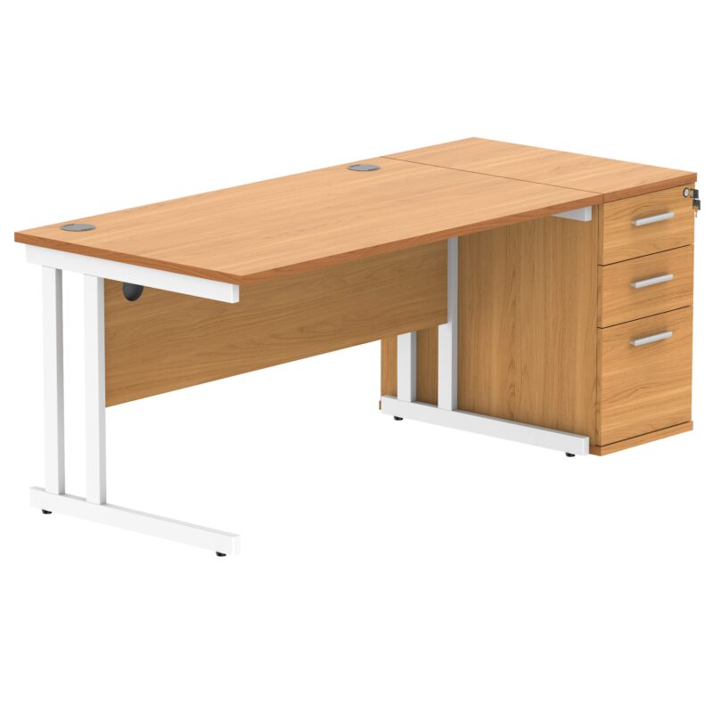 Double Upright Rectangular Desk + Desk High Pedestal | 1400X800 | Norwegian Beech/White