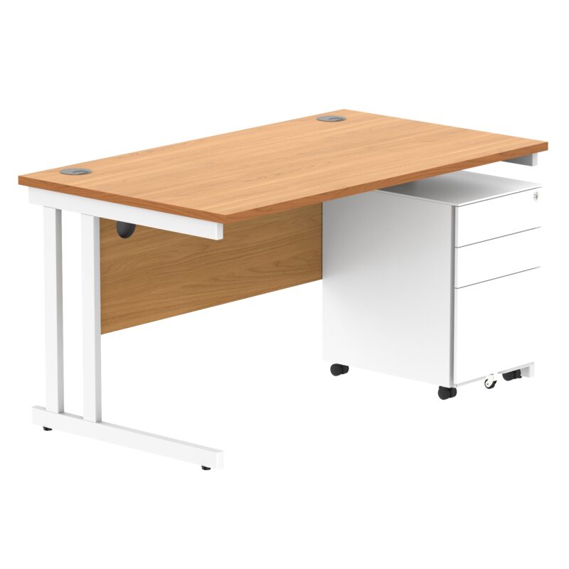 Double Upright Rectangular Desk + Under Desk Steel Pedestal 3 Drawers | 1400X800 | Norwegian Beech/White