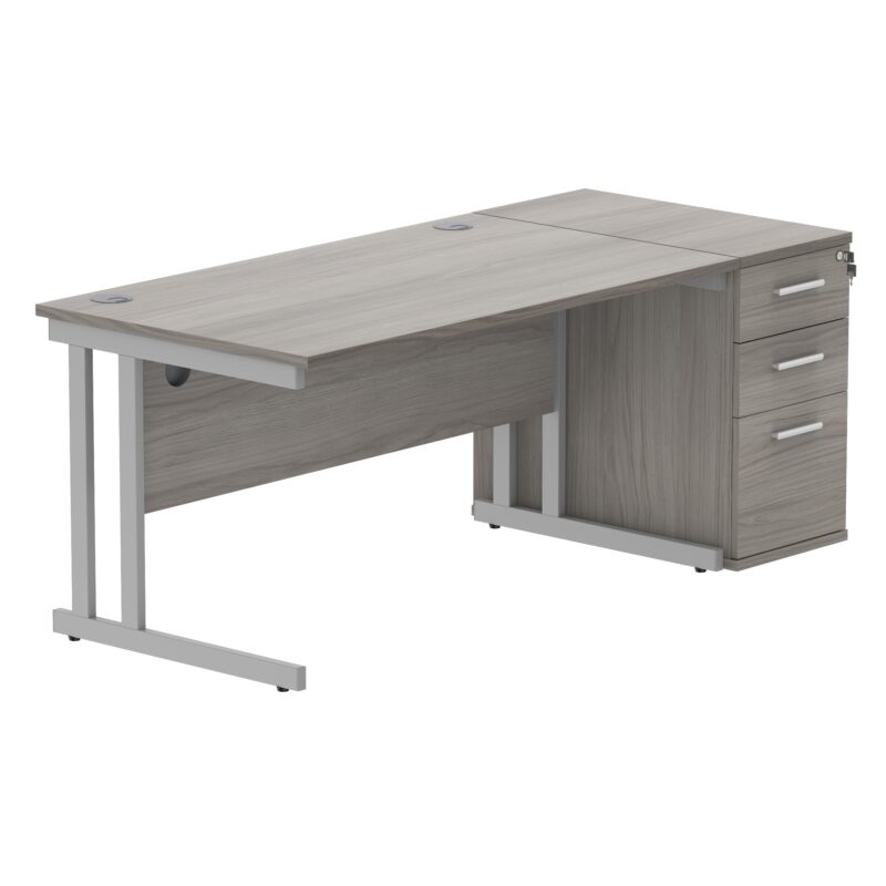 Double Upright Rectangular Desk + Desk High Pedestal | 1400X800 | Alaskan Grey Oak/Silver