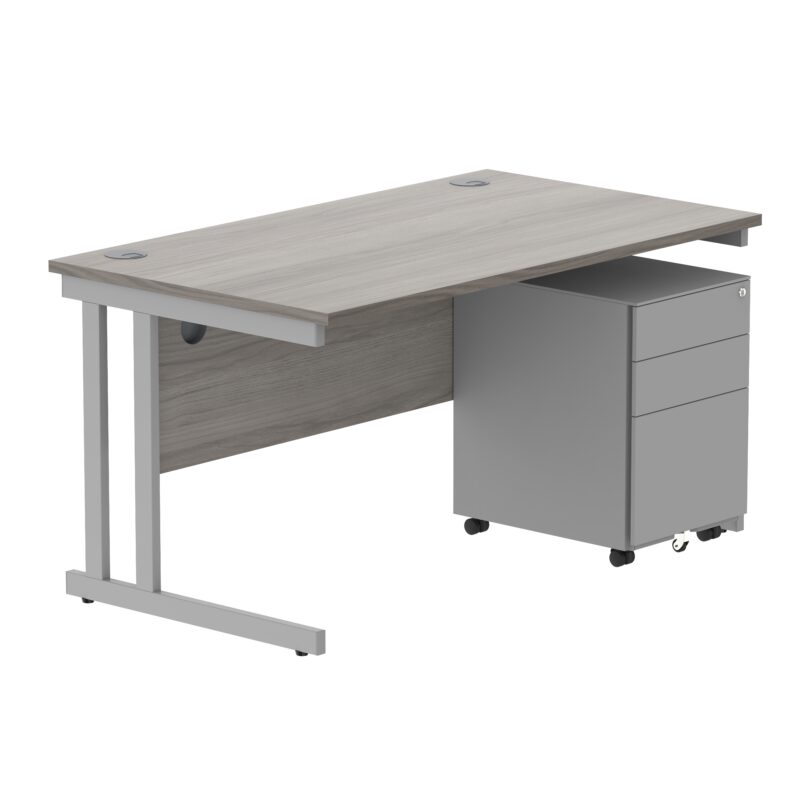 Double Upright Rectangular Desk + Under Desk Steel Pedestal 3 Drawers | 1400X800 | Alaskan Grey Oak/Silver