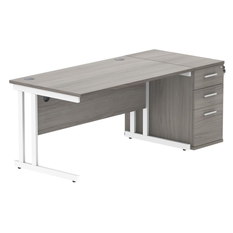 Double Upright Rectangular Desk + Desk High Pedestal | 1400X800 | Alaskan Grey Oak/White