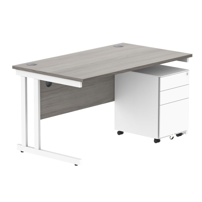 Double Upright Rectangular Desk + Under Desk Steel Pedestal 3 Drawers | 1400X800 | Alaskan Grey Oak/White