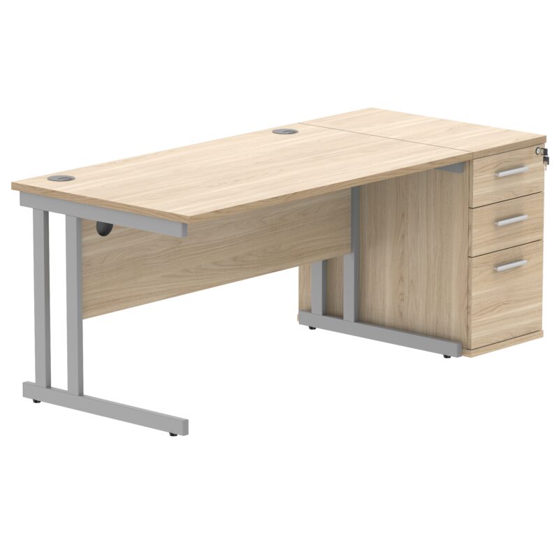 Double Upright Rectangular Desk + Desk High Pedestal | 1400X800 | Canadian Oak/Silver