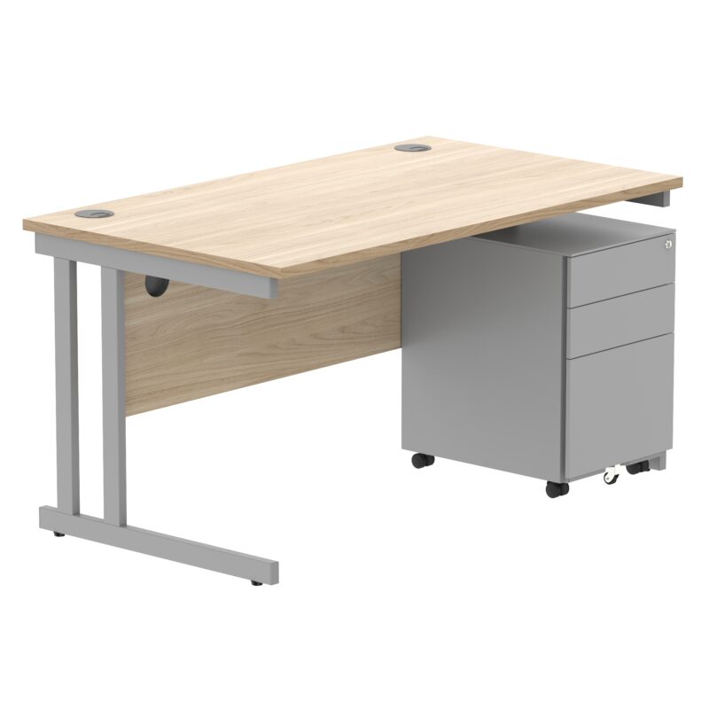 Double Upright Rectangular Desk + Under Desk Steel Pedestal 3 Drawers | 1400X800 | Canadian Oak/Silver