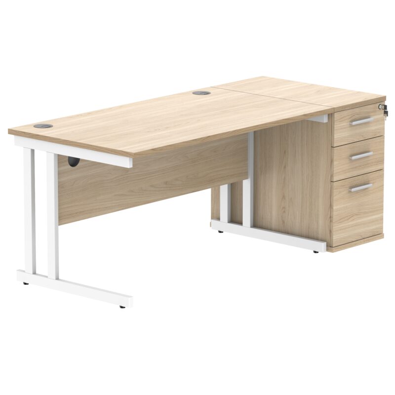 Double Upright Rectangular Desk + Desk High Pedestal | 1400X800 | Canadian Oak/White