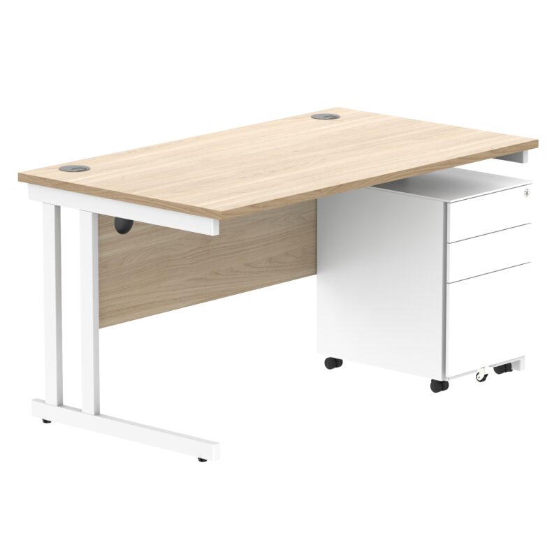 Double Upright Rectangular Desk + Under Desk Steel Pedestal 3 Drawers | 1400X800 | Canadian Oak/White