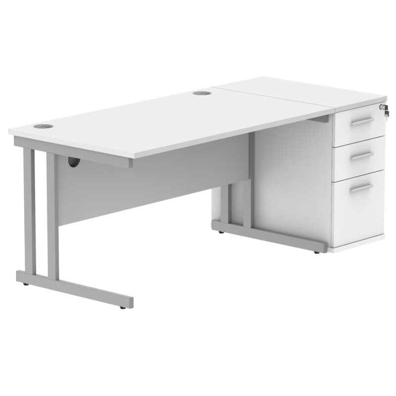 Double Upright Rectangular Desk + Desk High Pedestal | 1400X800 | Arctic White/Silver