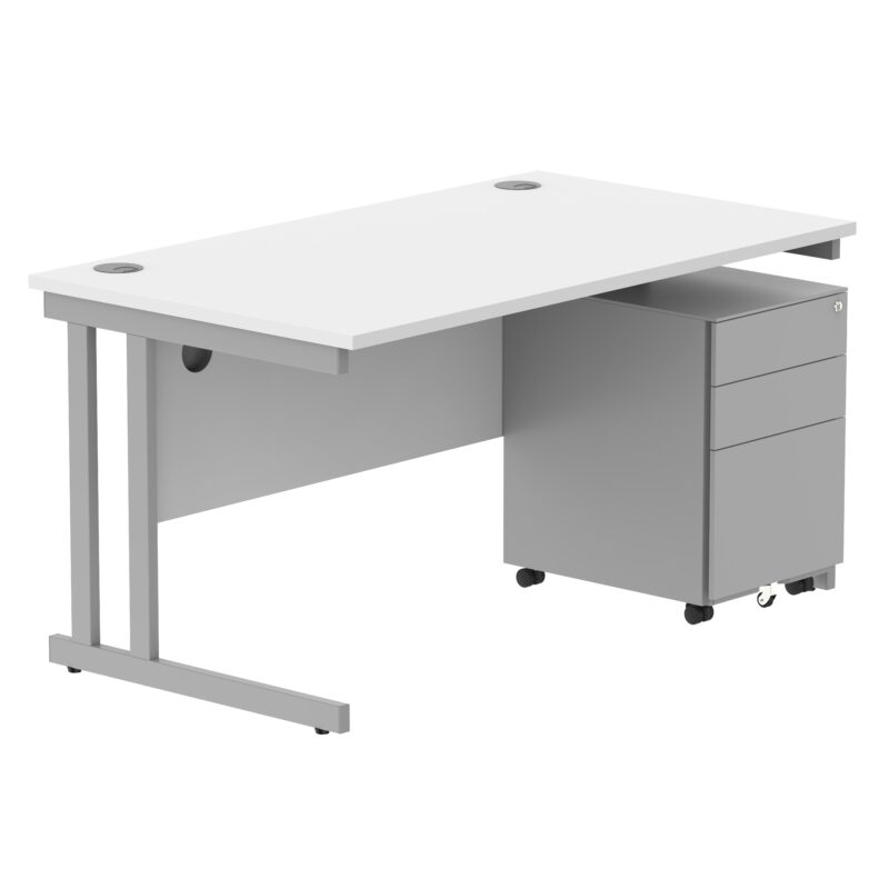 Double Upright Rectangular Desk + Under Desk Steel Pedestal 3 Drawers | 1400X800 | Arctic White/Silver