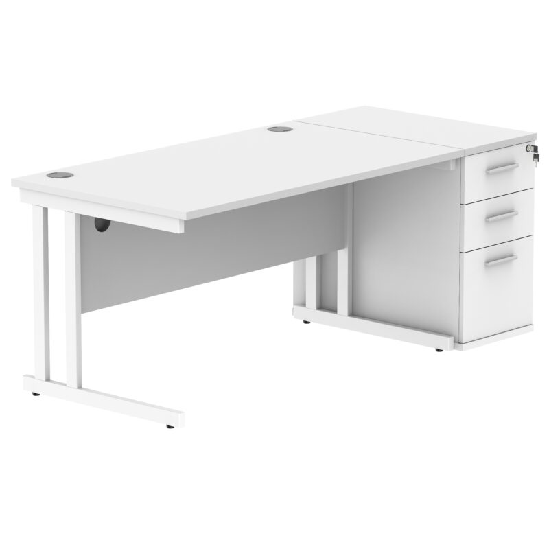 Double Upright Rectangular Desk + Desk High Pedestal | 1400X800 | Arctic White/White